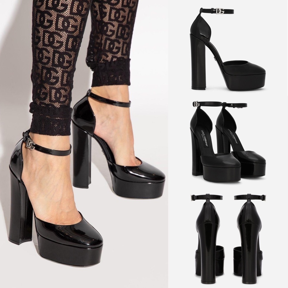 Dolce & Gabbana Black Polished Calfskin Leather Logo Ankle Strap Platform